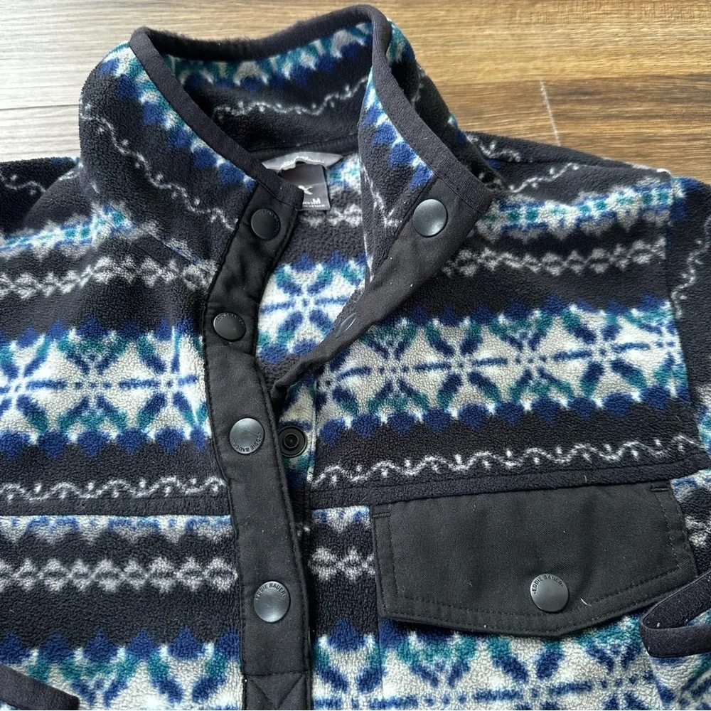 Womens Medium‎ Eddie Bauer Navy Fair Isle Fleece Pullover Snap Buttons Pockets